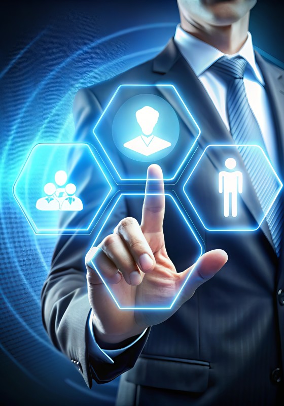 man suit is holding button with word blue it 3